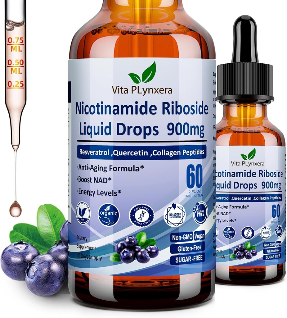 Suplementos NAD para Mujeres y Hombres, NAD Nicotinamide Riboside Resveratrol 900mg " Quercetin, Niacin, Collagen, Biotin, Liquid NAD Plus Suplemento NR900 For Anti-Aging Skin Energy Longevity Focus Brain