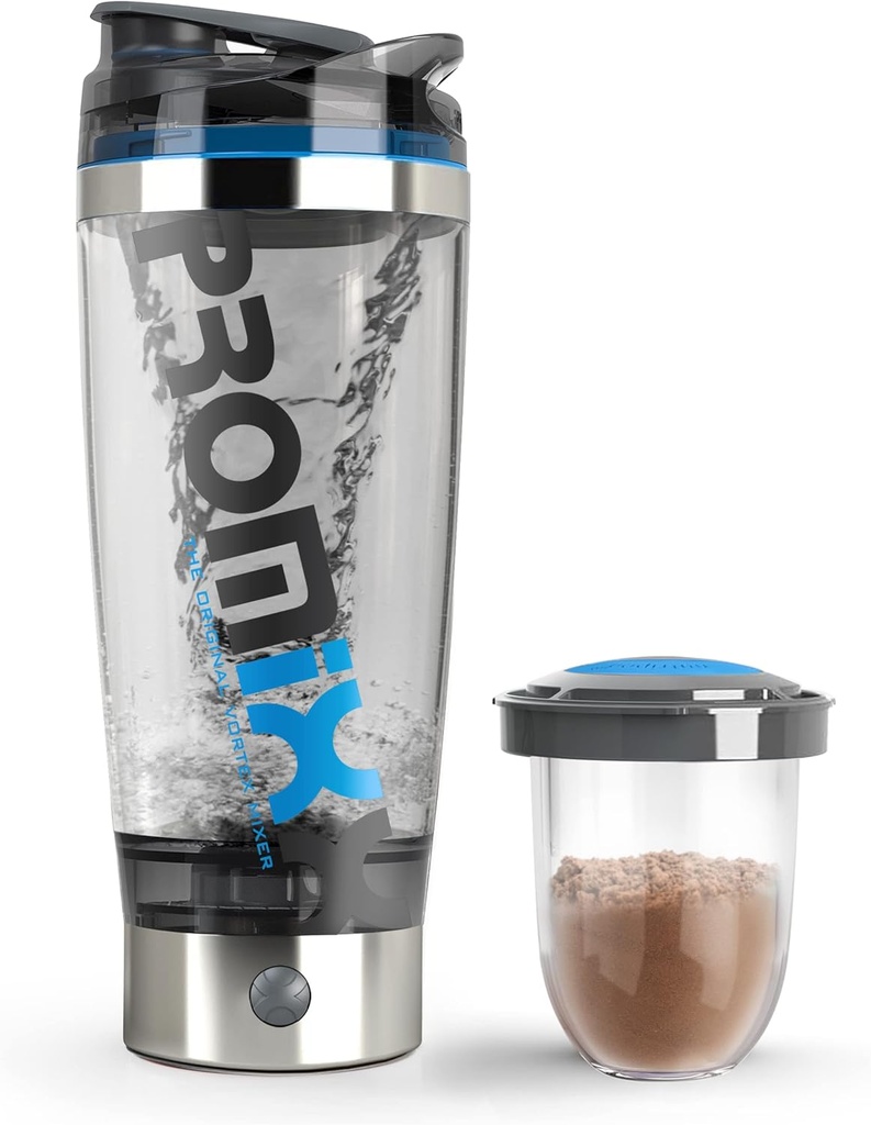 Promixx Pro Shaker Bottle (iX-R Edition) ← Recargable, Potente para Smooth Protein Shakes Silencio incluye Complemento Almacenamiento - BPA Gratis 20oz Cup (Silver Blue/Gray)