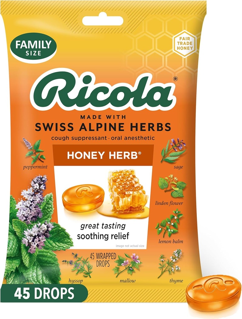 Ricola Honey Herb Cough Drops, 45 Cuenta, Fair Trade Honey & Natural Menthol Cough Suppressant " Throat Relieving Drops, Great Tasting Relief for Coughs " Throat Irritation Symptoms