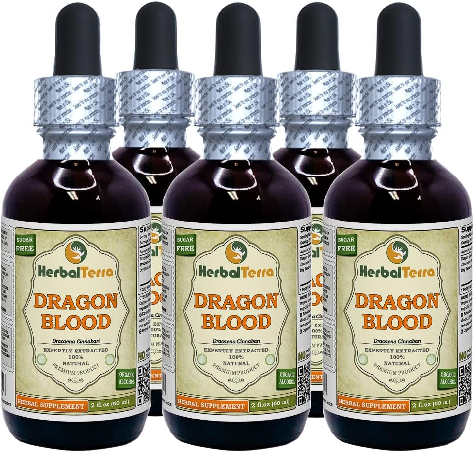Dragon Blood Resin (Daemonorops Draco) Tincture, Dried Resin Liquid Extract (Brand Name: HerbalTerra, Proudly Made in USA) 5x2 fl.oz (5x60 ml)