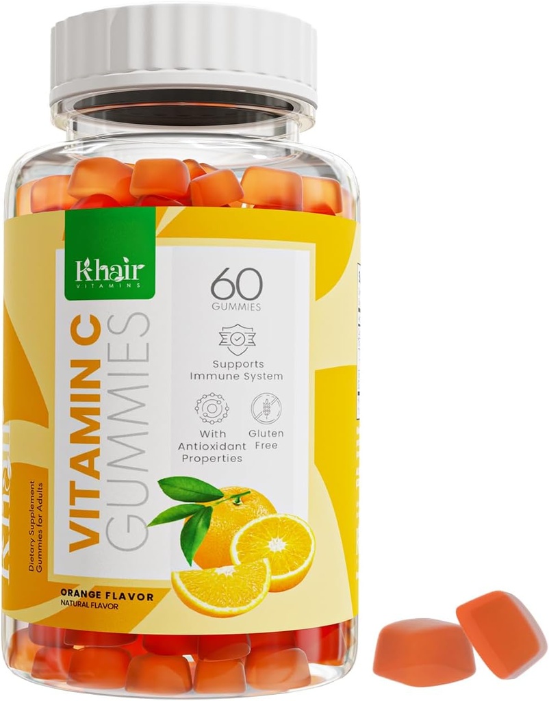 Khair Halal Vitamin C Gummies - Non GMO, Gluten-Free, Gelatin-Free, Vegetarian - Immune Support Gummies, Halal Delicious Vitamins for Adults & Kids - 60 Gummies