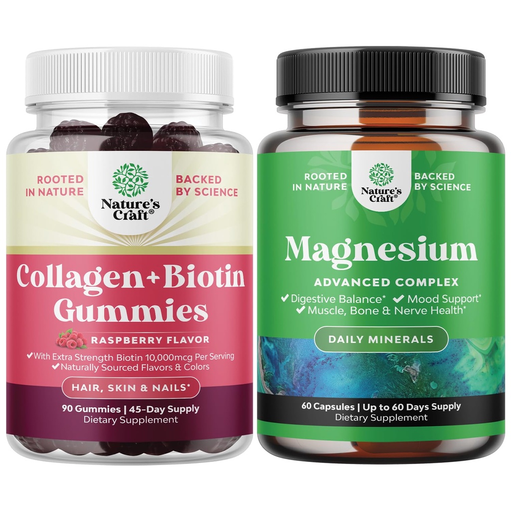Bundle of Hair Skin and Nails Gummies for Women - Extra Strength Biotin and Collagen Gummies for Women Hair Skin Nails Support and High Absorption Magnesium Complex Supplement for Stomach & Digestion