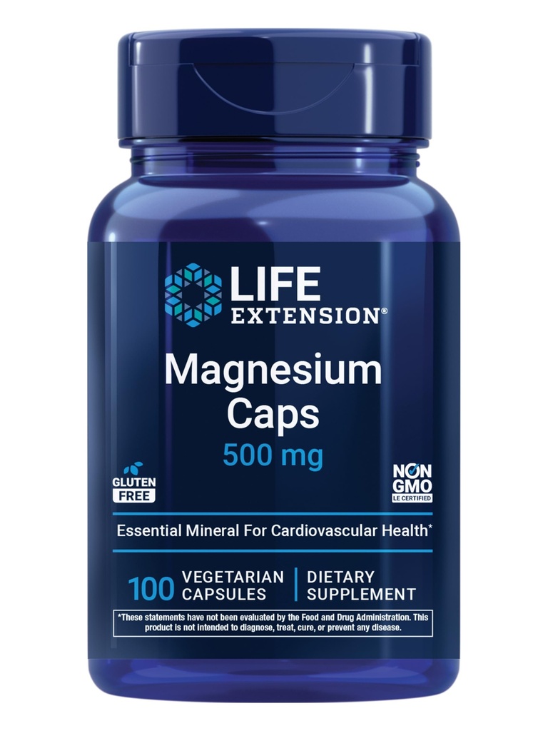 Extensión de la vida Caps de magnesio, 500 mg, óxido de magnesio, citrato y sucinto, salud cardíaca, huesos saludables, apoyo metabolismo, 100 cápsulas vegetarianas
