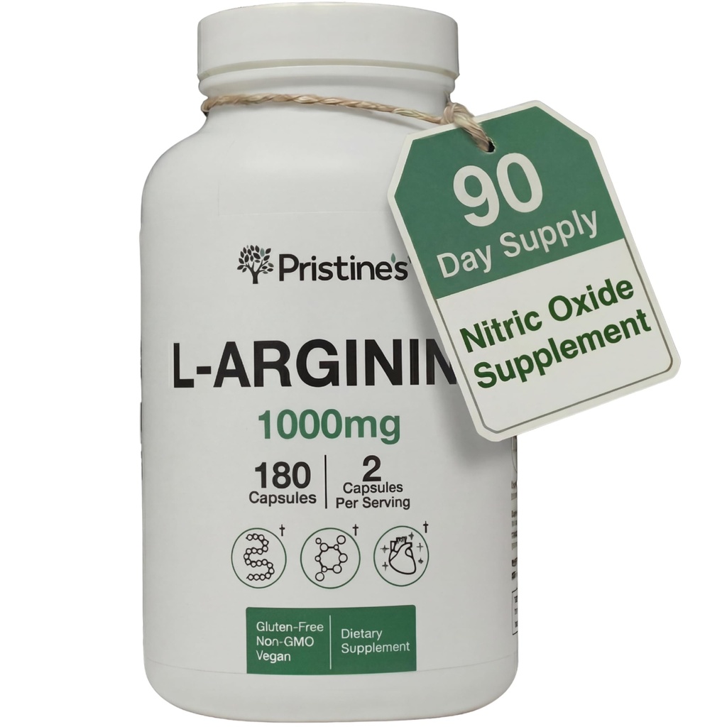 PRISTINE'S L Arginine 1000mg Capsule Supplements for Men & Women - 90 Day Supply Nitric Oxide & Pre Workout Amino Acid Support - Glass Bottle