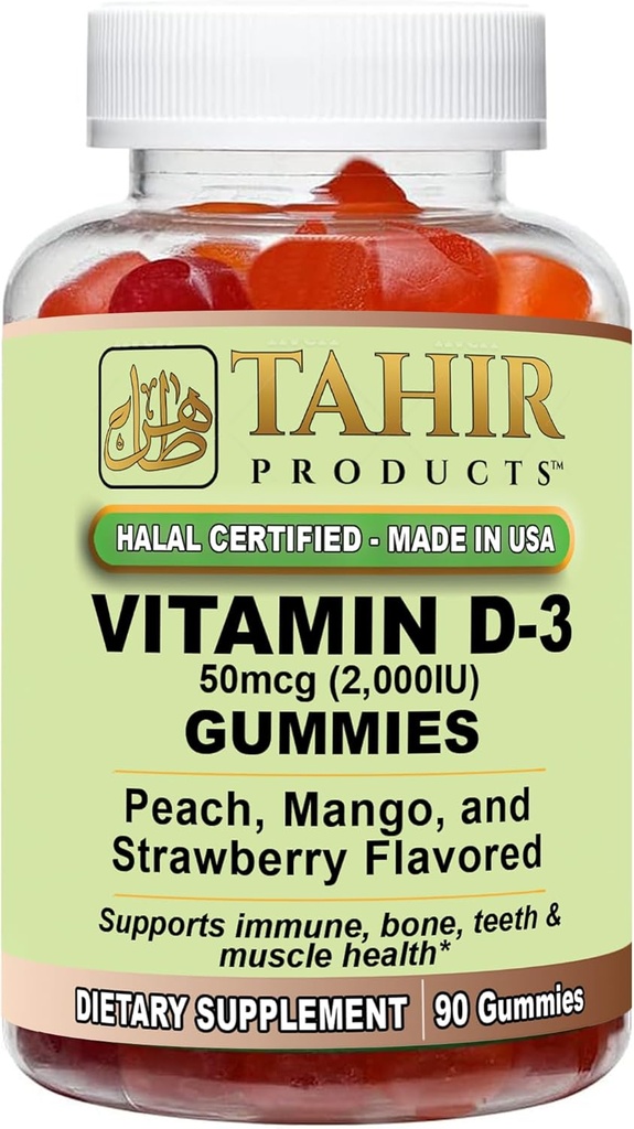 Tahir Halal Vitamin D3 2000 IU Gummies – Supports Bone & Immune Health, Promotes Muscle Function, Gluten-Free, Gelatin-Free, 90 Natural Fruit Flavor Gummies, Made in USA – Halal Certified