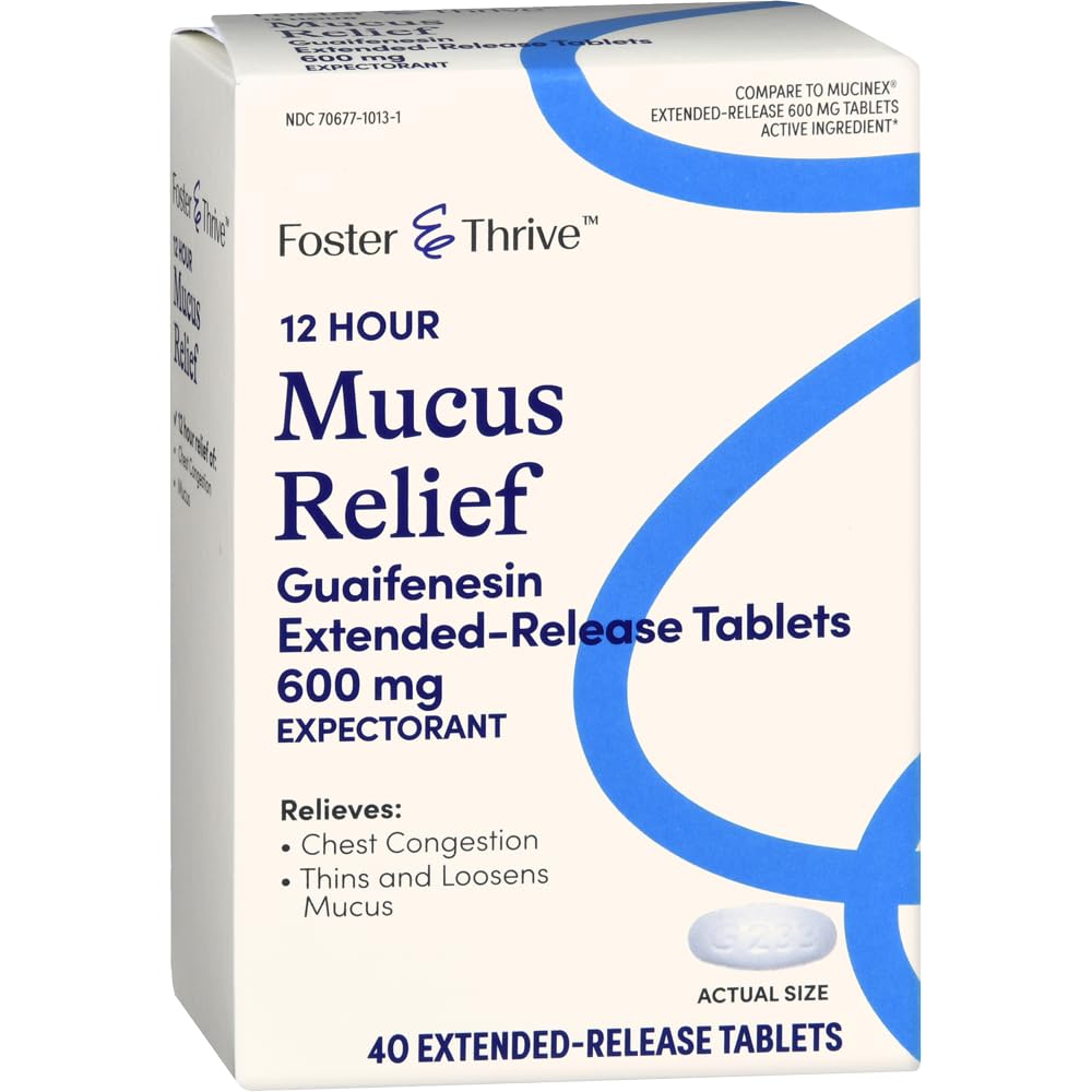 Foster & Thrive Chest Congestion Mucus Extended Release, 600 mg Guaifenesin Relieves Chest Congestion Caused by Excess Mucus, (Compare to Mucinex 12 Hour Extended Release), 40 Tablets