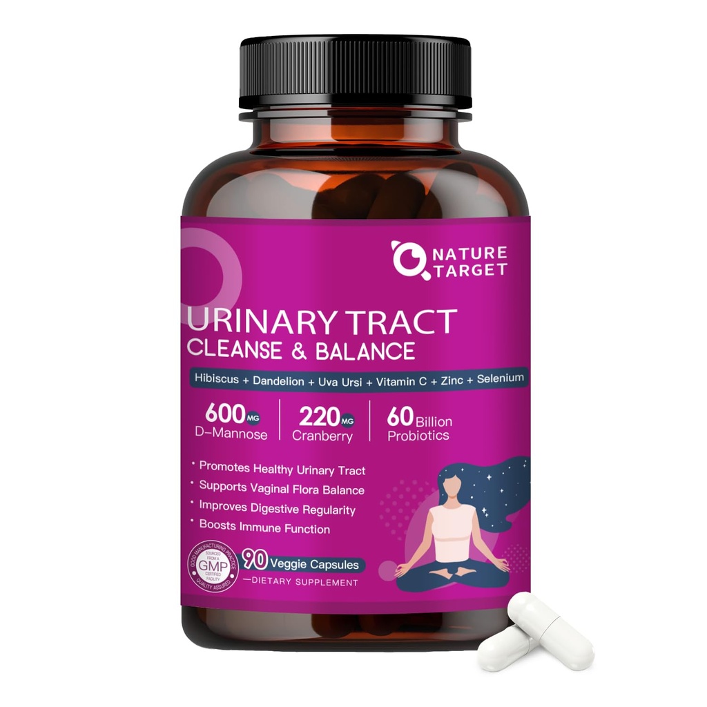 NATURE TARGET Probiotics for Women Urinary Tract Health with D Mannose & Cranberry - 60 Billion CFUs Vaginal Probiotics for Digestive Health, UTI & PH Balance with Prebiotics - 90 Capsules