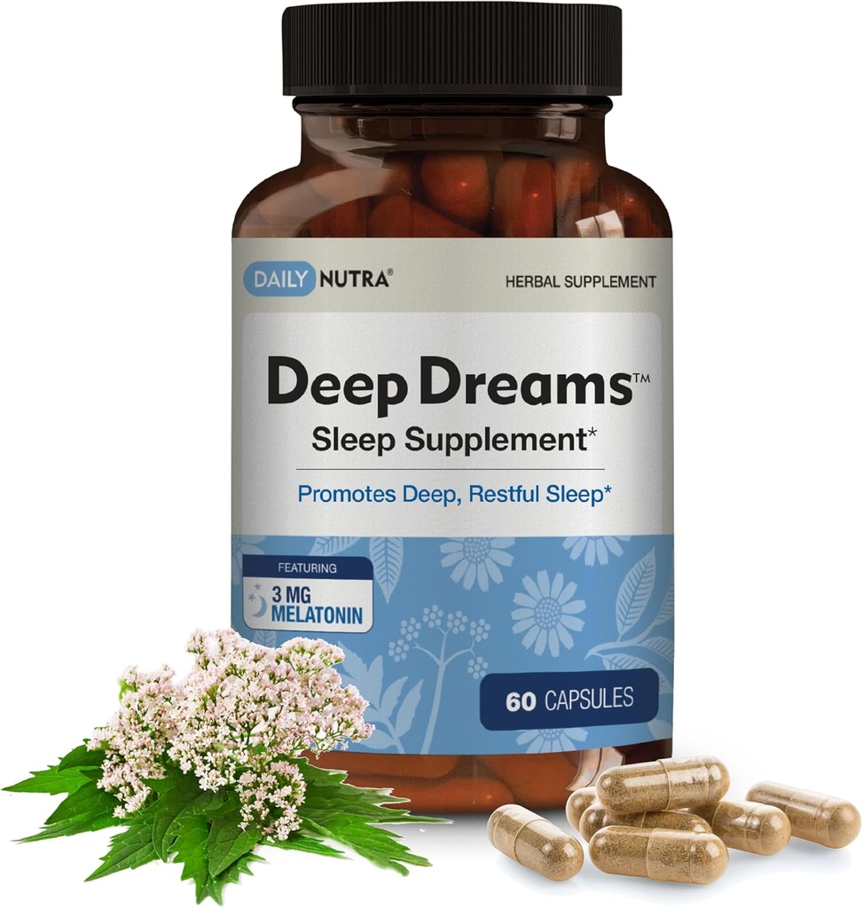 Deep Dreams ~ Natural Herbal Sleep Supplement Promotes Deep, Restful Sleep, Non Habit Forming with Melatonin, L-Tryptophan, Valerian, GABA, Chamomile, & Passionflower (60 Capsules)