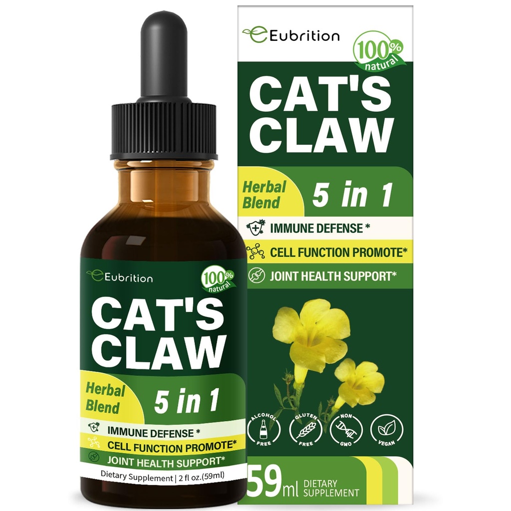 Herb de garra de gato (Uña de Gato) Immune Support Liquid Drops, 5-in-1 Herbal Suplemento con Echinacea " Elderberry Extract, Alcohol Free Tintura for Immunity Boost, Joint " Bone Health. 2 oz