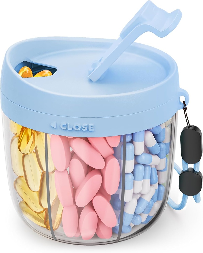Dispensador lindo con 7 grandes componentes, organizador de botellas portátiles con apertura amplia para uso fácil, organizador de píldoras anti-mix para viajes, contenedor libre de BPA, azul