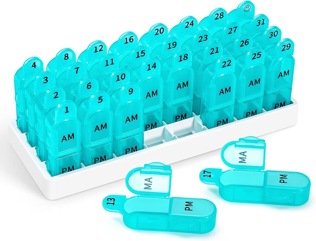 Zoksi Organizador Mensual de Pill 2 veces al día, 30 días Pill Box Organizador Am Pm, Daily Pill Case con 32 grandes combinaciones para cada día, Portable Travel Pill Container for Vitamins and Medicine(Cyan)