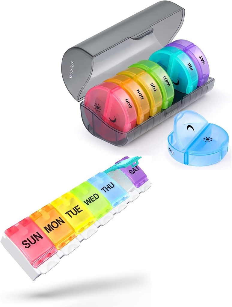 2 Pack organizador semanal de píldoras, Sukuos Daily Pill Box 7 Day Pill Cases for Vitamins, Fish Oils or Supplements, BPA Free