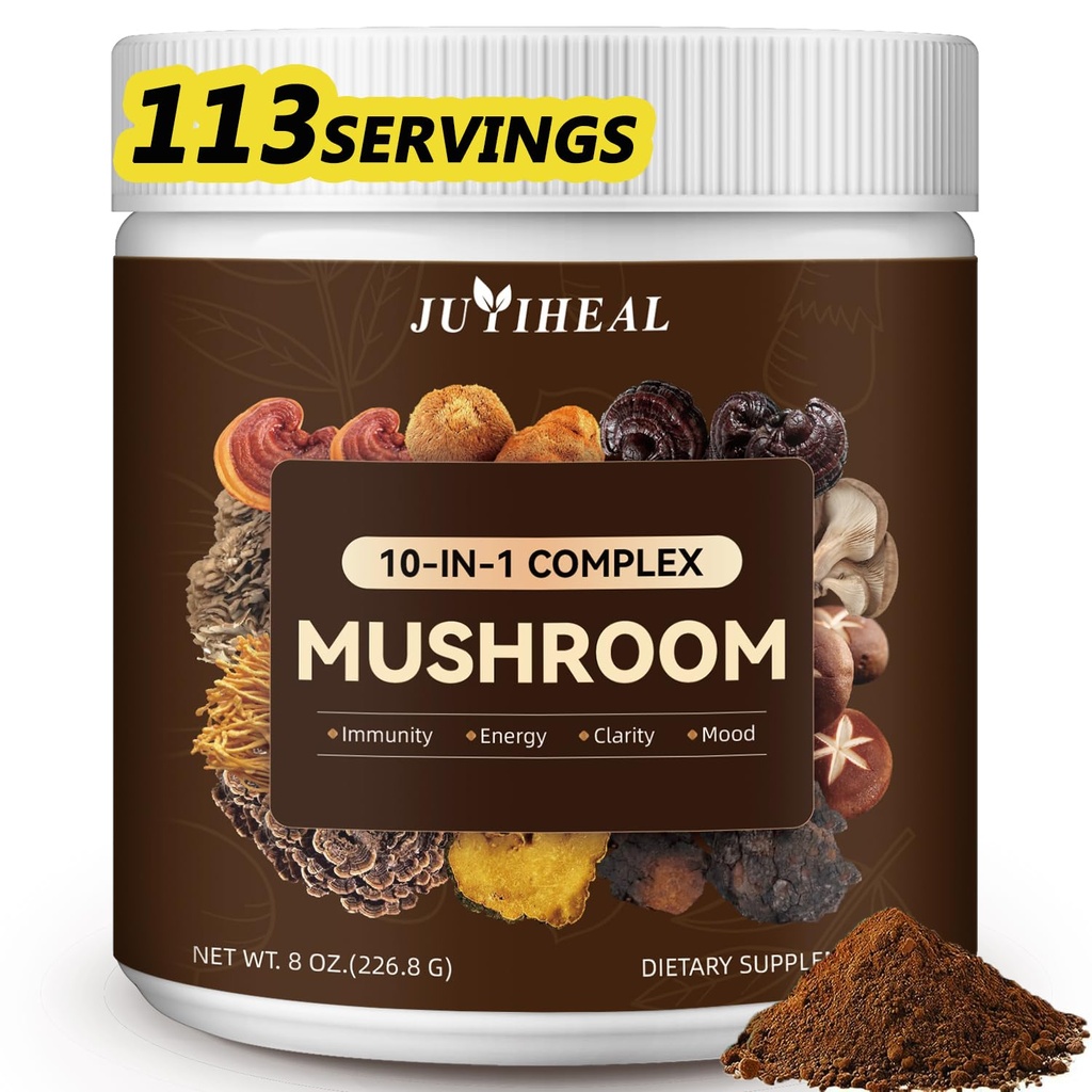 10-en-1 Mushroom Powder, Mushroom Complex - Lions Mane, Reishi, Shiitake, Chaga, Turquía Tail, Cordyceps, Maitake &amp; Más, Mushroom Supplement Powder for Energy, Memory, Focus &amp; Immune Support 8oz