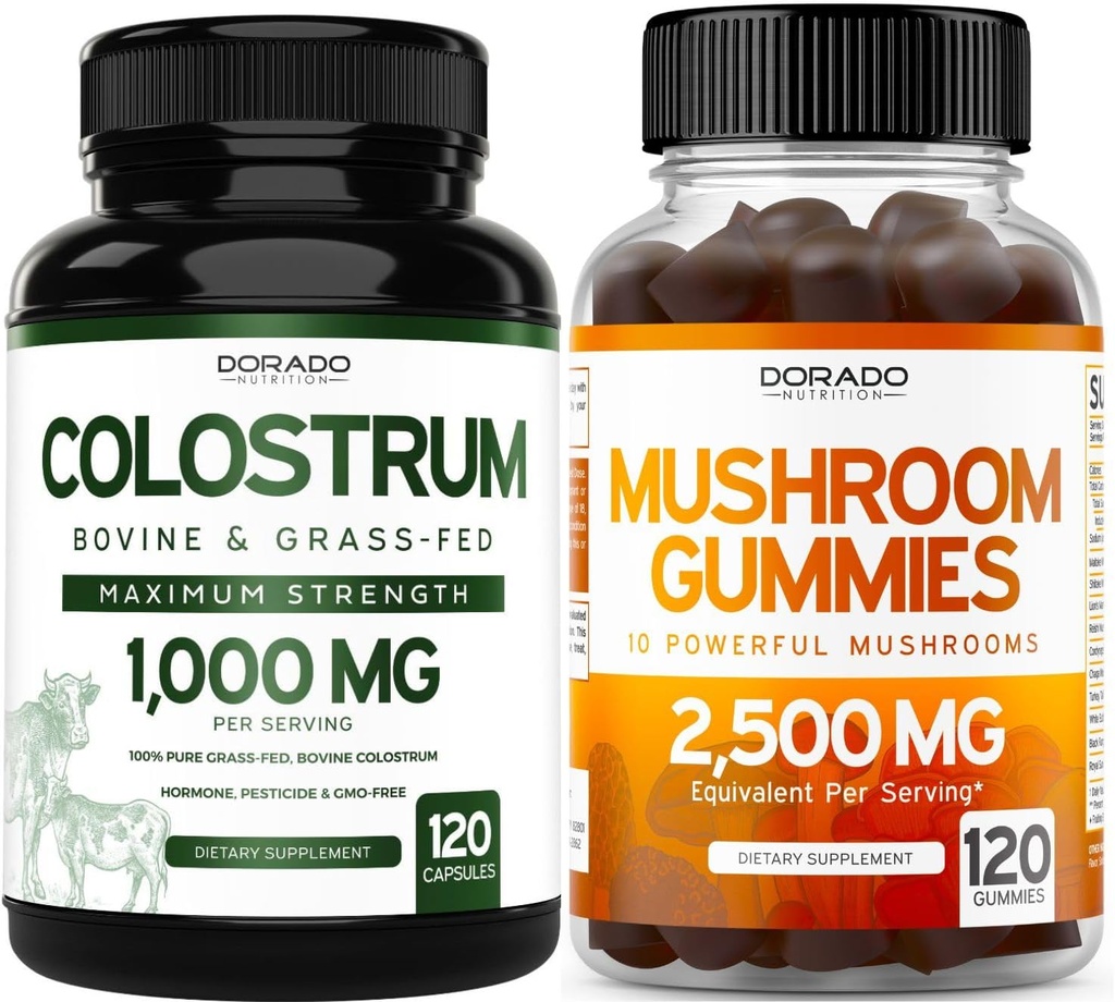 DORADO NUTRITION Colostrum Suplemento 1000mg Por Serving and Mushroom Gummies (120 Conde) Mushroom Suplemento