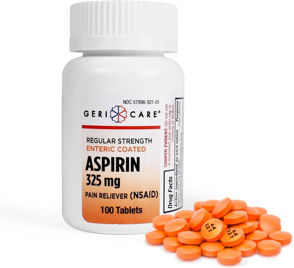 Enteric Coated Aspirin Tablets 325mg (100 Count) by GeriCare- NSAID Pain Reliever & Fever Reducer Coated Aspirin for Adults- Regular Strength Aspirin for Headache Arthritis Menstrual & Muscle Pain