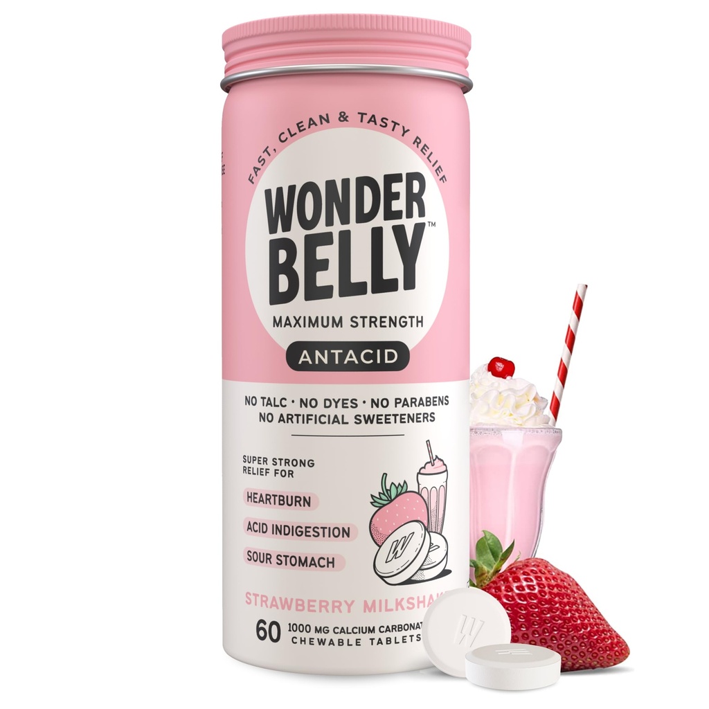 Wonderbelly Antacid, Effective Heartburn and Instant Acid Indigestion Relief, Extra Strength Chewable Tablets, 1000 mg Calcium Carbonate, No Talc or Dye, Strawberry Milkshake, 60 Count