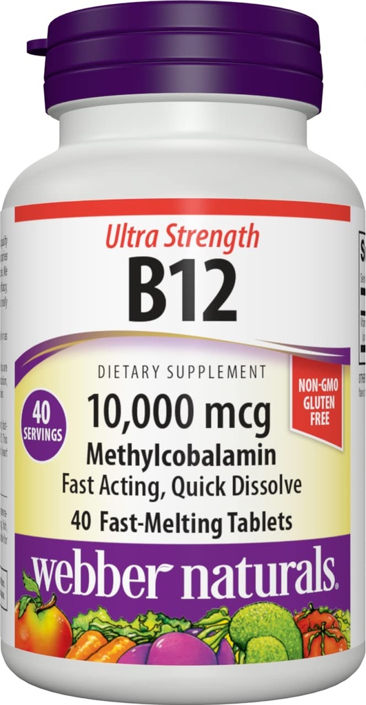 Webber Naturals Vitamina B12 10,000 mcg, Ultra Strength, 40 Cuenta, Tablas de Dissolve Rápido, Suplemento Vitamina Apoyo para el Metabolismo Energético, Inmune y Salud del Corazón, Fórmula Vegana