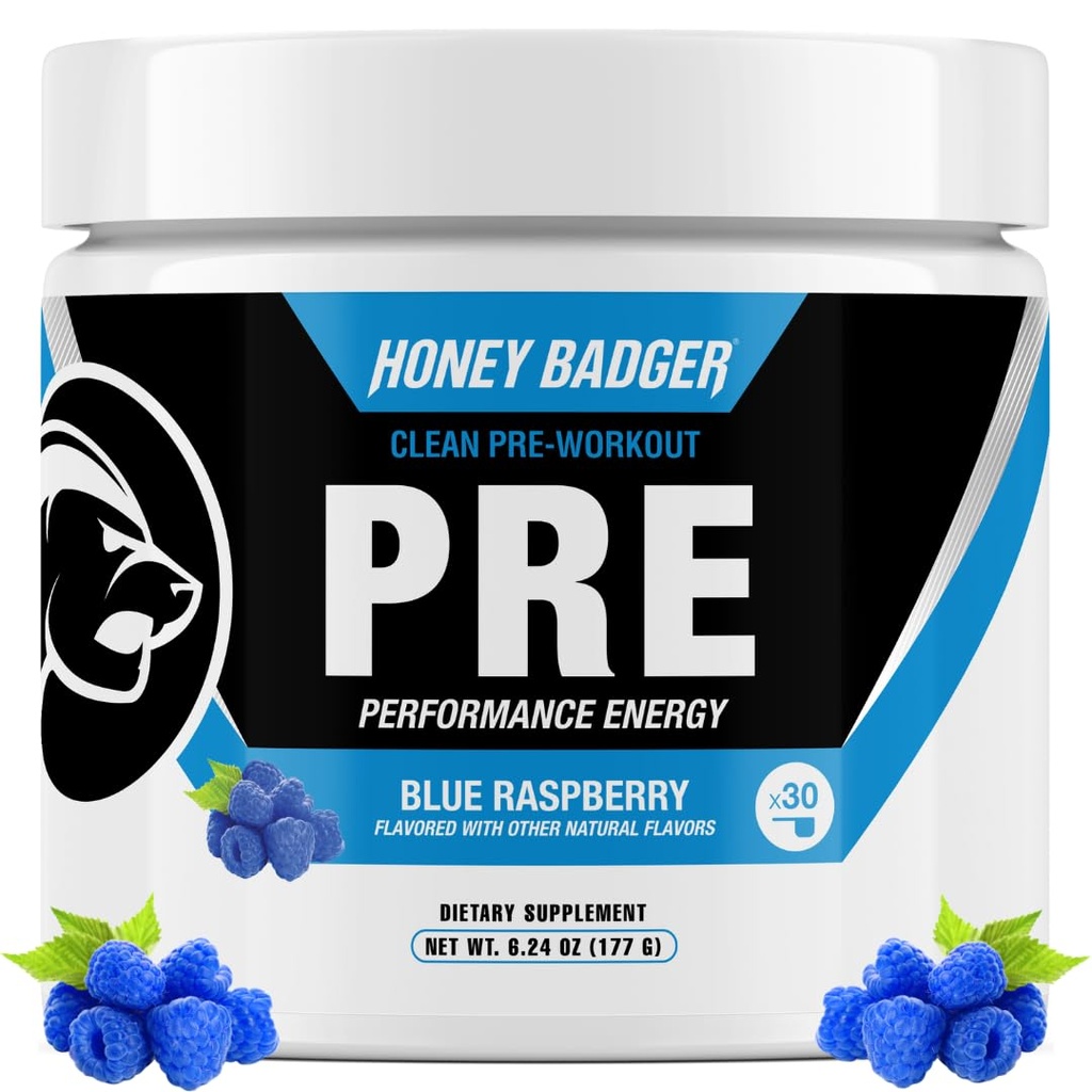 Honey Badger Pre Workout Powder, Keto Vegan Preworkout for Men & Women, Beta Alanine & Caffeine, Sugar Free Natural Energy Supplement, Blue Raspberry, 30 Servings