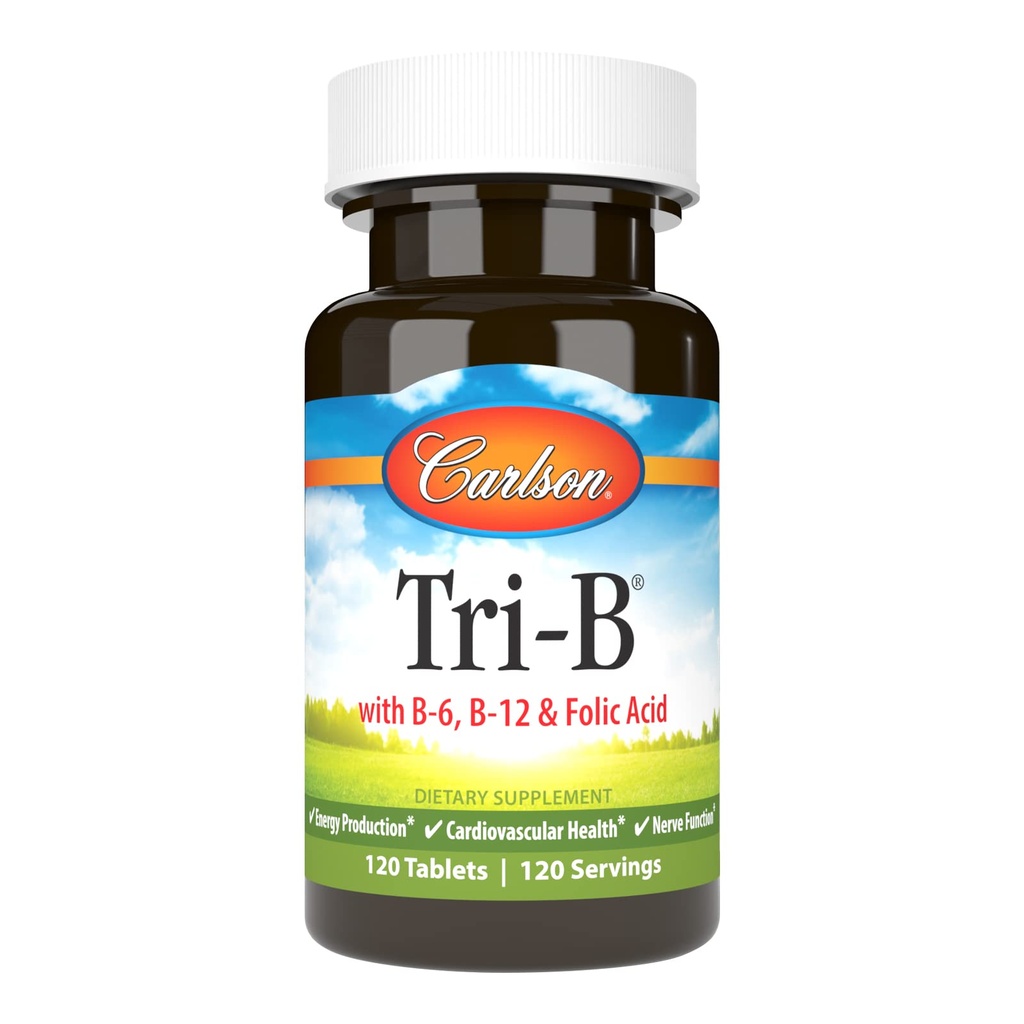 Carlson - Tri-B, Vitamin B Complex, 25 mg Vitamin B-6, 400 mcg Vitamin B-12, Folic Acid Energy Pills, Promote Cardiovascular Health, B Complex Vitamins, B12 Supplement, B Vitamin Complex, 120 Tablets