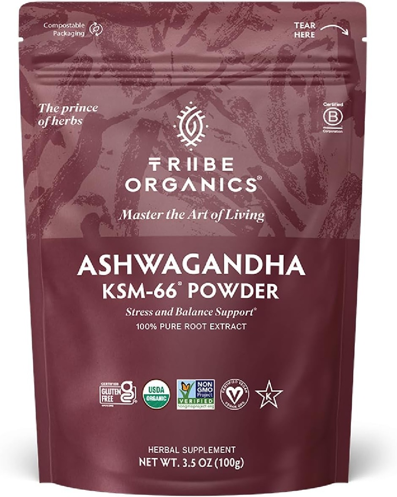 TRIBE ORGANICS KSM-66 Ashwagandha Root Extract Powder Ayurvedic Herb for Mood Support Silencio Incrementar la energía Silencioso - Orgánica Silencio Natural TEN Gluten Libre Silencio No GMO Silencio Full-Spectrum - 100g Pouch