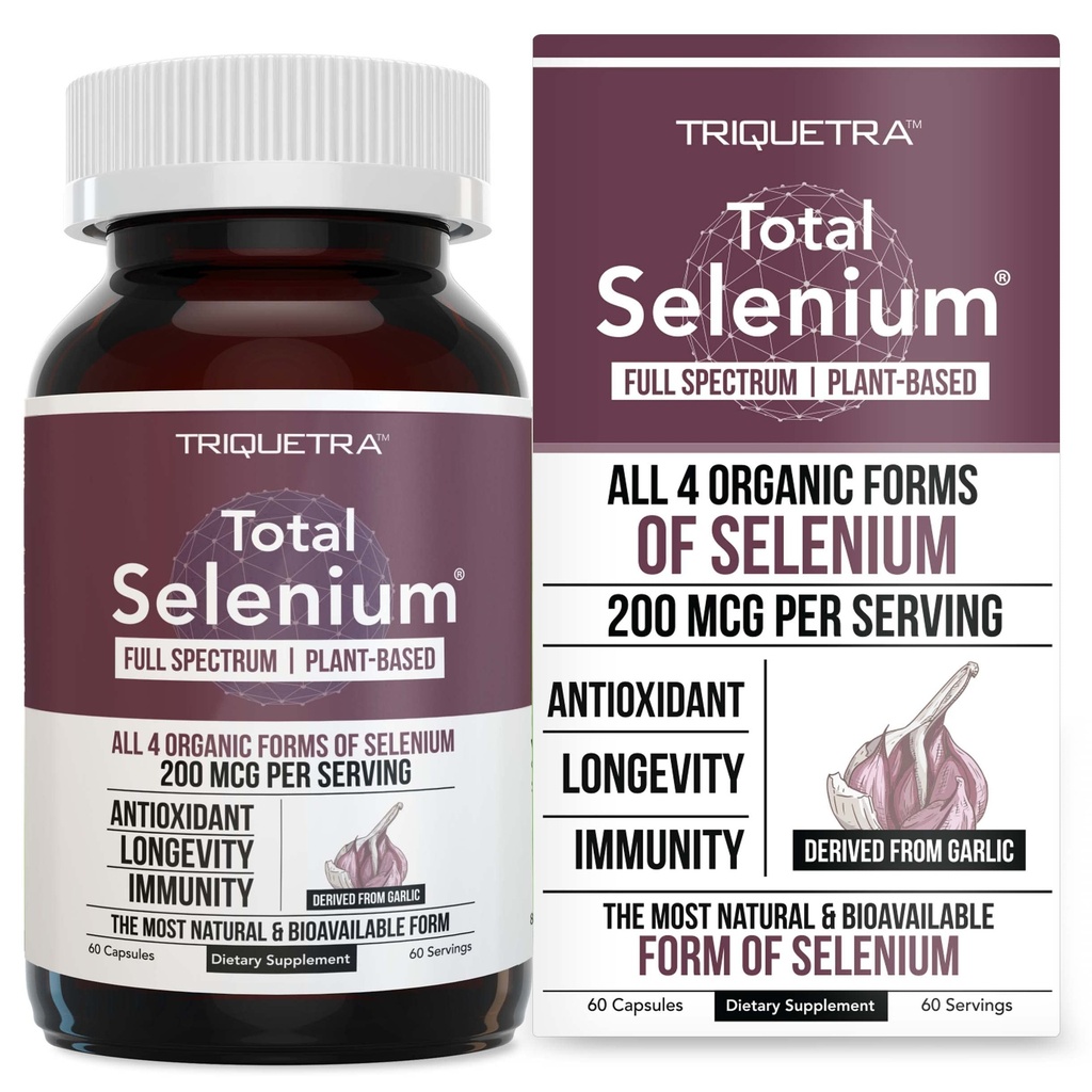 Selenio total - 200 mcg, Selenio de base vegetal - Espectrum completo, contiene 4 formas orgánicas esenciales de selenio que incluyen selenomethionina - derivado de ajo - 60 cápsulas