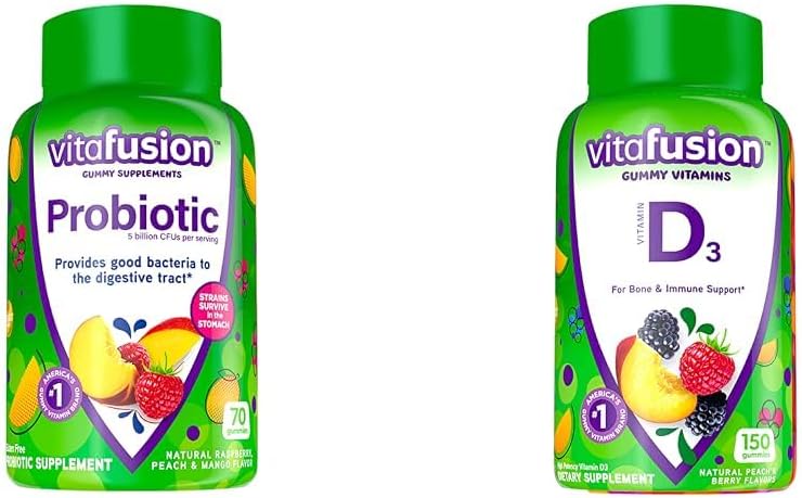 Vitafusion Probiotic Gummy Suplementos, Raspberry, Peach y Mango Flavors & Vitamina D3 Gummy Vitaminas para el soporte del sistema de huesos e inmunes