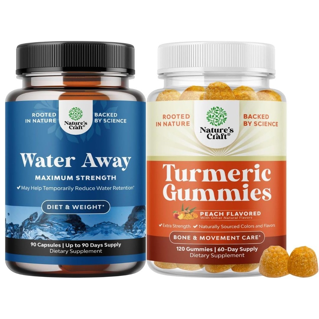 Bundle of Water Away Fluid Retention with Dandelion Leaf Extract & Green Tea for Bloating Relief and Turmeric Gummies for Adults Peach Flavor - Turmeric Curcumin with Black Pepper Extract and Ginger