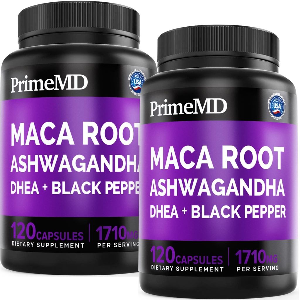 6-en-1 Orgánica Maca Root Ashwagandha Capsules 1710mg con DHEA y extracto de fruta de pimienta negra para hombres y mujeres - Suplemento de Maca Negro para Stamina, Bone y Mood Support Suplemento, 120ct (Pack of 2)