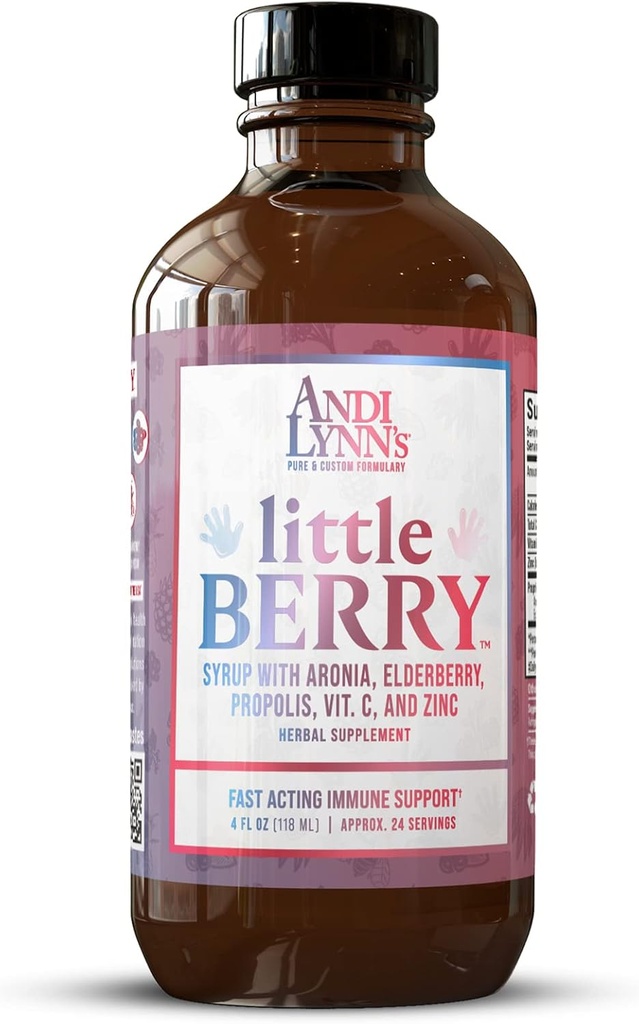 La pequeña baya de Andi Lynn, jarabe de arándano para niños - Vitamina orgánica C " Zinc, Suplemento Herbal - Soporte de arándano rápido, 4oz - Puro jarabe de arándano para el bienestar de los niños