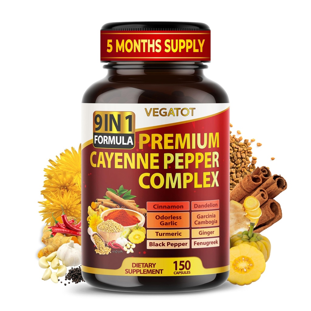 Organic Cayenne Pepper 9IN1 Complex with Cinnamon, Ginger, Turmeric for Overall Health, Immune System, Digestion Wellness (150 Count (Pack of 1))