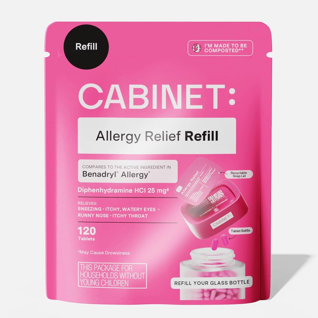 Gabinete: Diphenhydramine 25mg Alivio de Alergia Antihistamínica Tablas para Alergias, Hay Fever y Runny Nose, 120 Tabletas (Refill Pouch)
