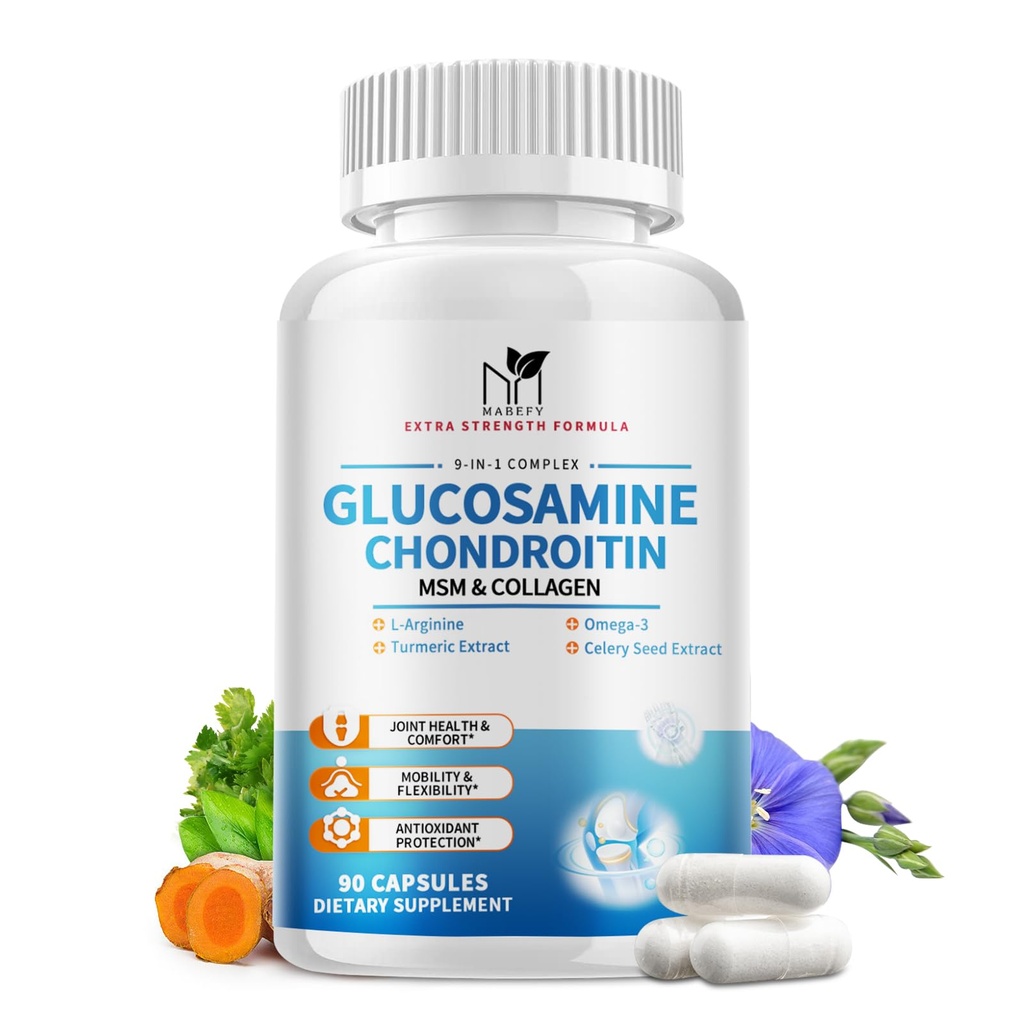 MABEFY Glucosamine Chondroitin Capsules 1500mg with MSM, Collagen, Turmeric - Joint Support Supplement for Men & Women, Joint Health Antioxidant Support, 90 Capsules