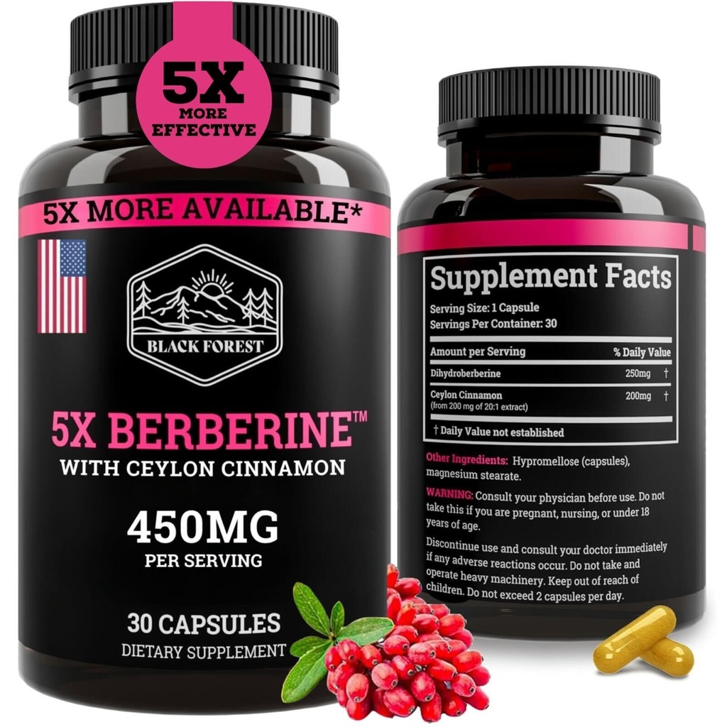 Black Forest 5X Berberine a Dihydroberberine Supplement (Super Berberine Now 5X More Effective Than Regular Berberine HCL) Best Dihydroberberine with Ceylon Cinnamon - Similar to Berberine Phytosome