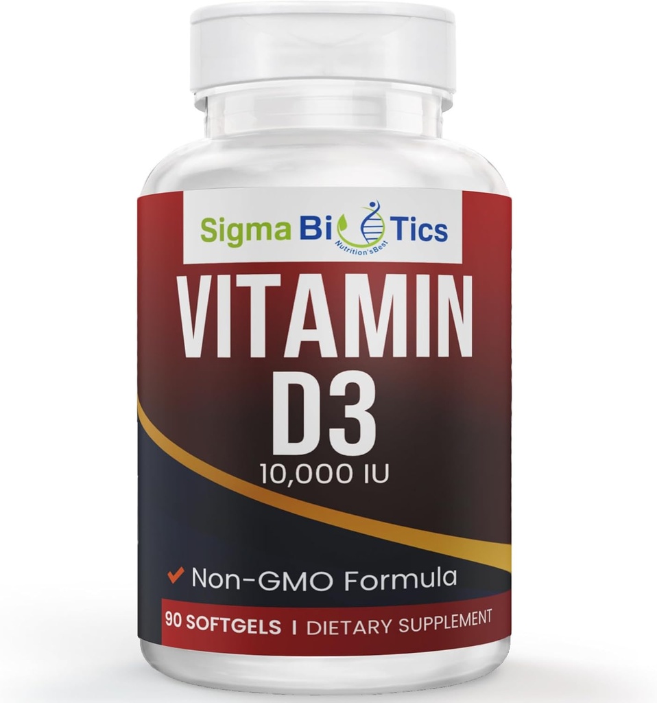 Vitamina D 10.000 UI de alta potencia - Suplementos de soporte de huesos - Softgels de vitamina D no transgénicos para absorción de calcio y bienestar - 250 mcg Cholecalciferol - 60 Softgels