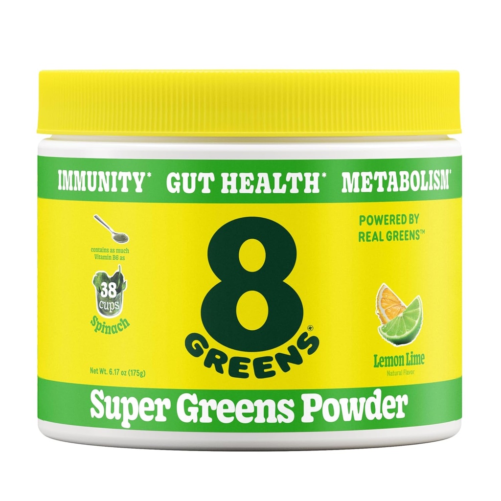8Greens Super Greens Powder tención Prebiótico &amp; Probiótico Superalimentos Blend para Gut Health, Metabolismo, Debloating, con Fiber, Enzymes Digestivos, Orgánico: Spirulina, Clorella, Limo de limón, 25 Servimientos