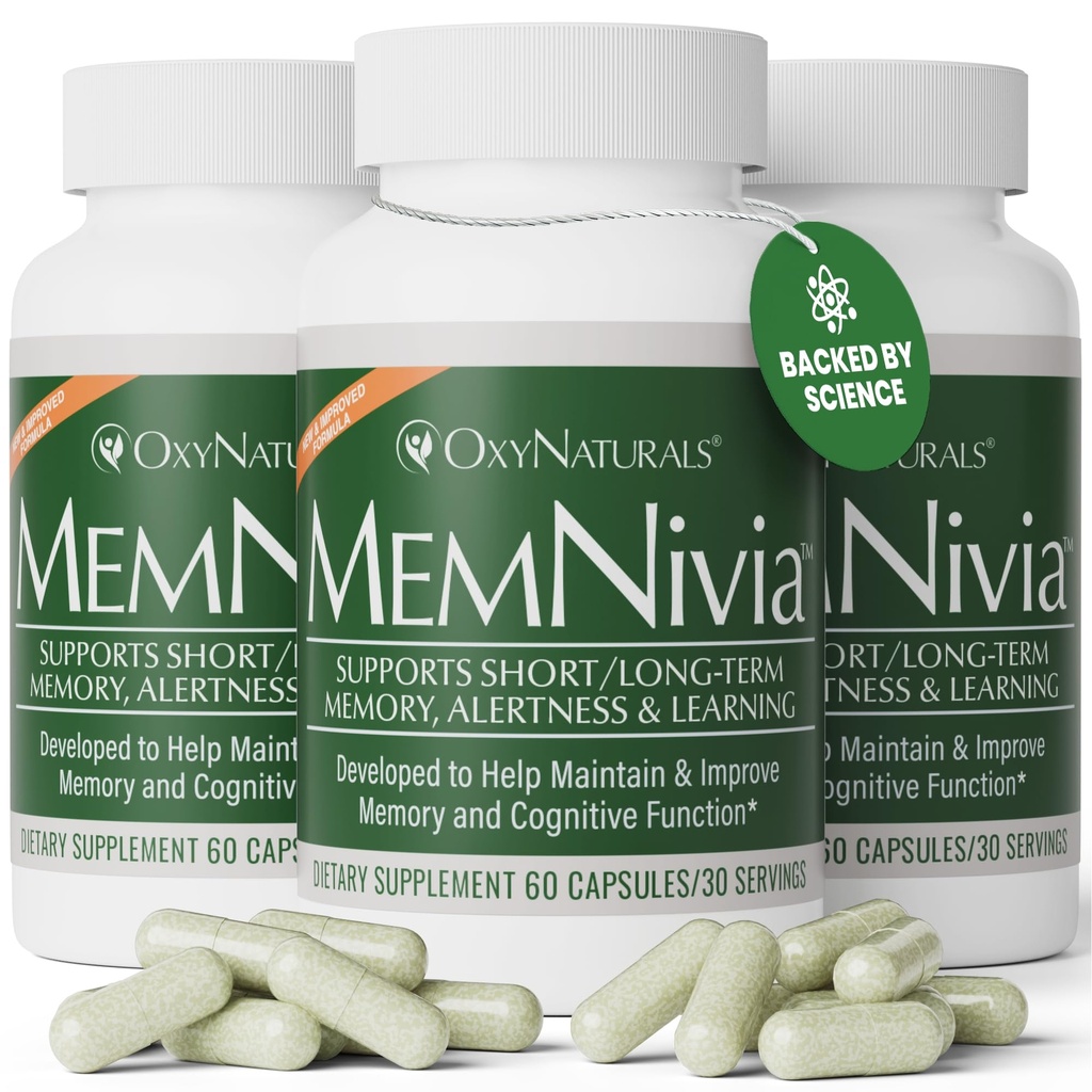 MemNivia Brain Supplements for Memory & Focus TENIDO Fórmula de células madre de doble sabio con Cognivia®, Bacopa, Holy Basil &amp; Ginger TEN Respuesta clínicamente Probada a la Claridad Mental TEN 180 Capsules (3 Botellas)