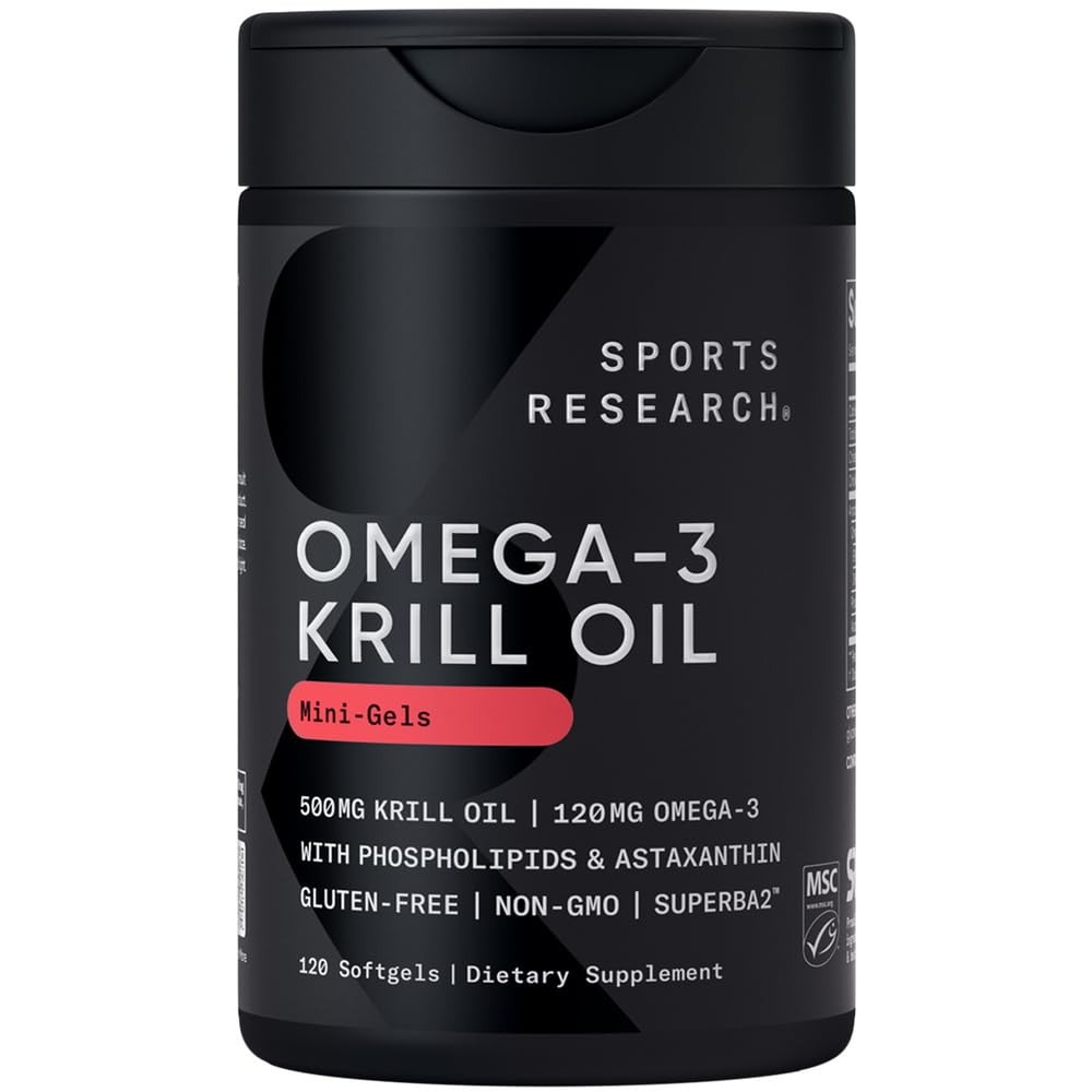 Sports Research Krill Oil Supplement with EPA & DHA Omega 3, Phospholipids & Astaxanthin from Antarctic Krill - Highest Concentration of Krill Oil for Men &amp; Women - 500mg, 120 Softgel Capsules