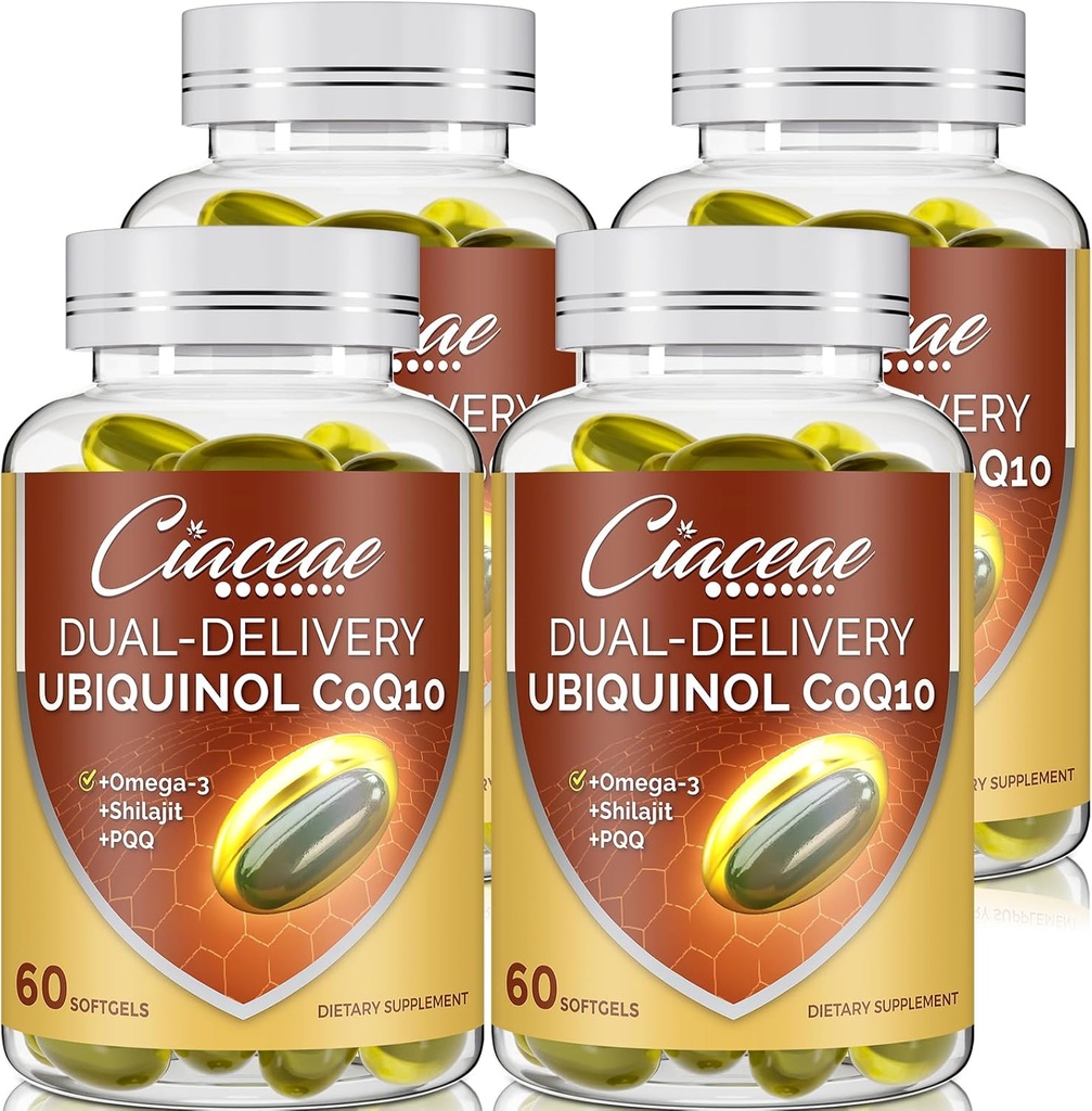 Ubiquinol CoQ10 600 MG Softgels con Omega-3 " Shilajit " PQQ, Coenzyme-Q10 avanzado, Active CoQ10 Ubiquinol Supplement for Fertility, Antioxidante, Heart, Brain & Energy, 240 Servings