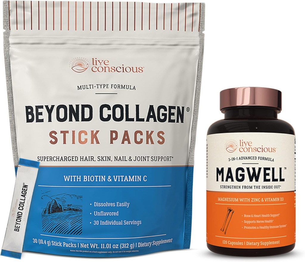 Live Conscious Beyond Collagen Types I, II, III, V & X Stick Packs + MagWell Magnesium Zinc & Vitamin D3 | Hair, Skin, Nail, and Joint Support + Bone & Heart Health, Immune System Support