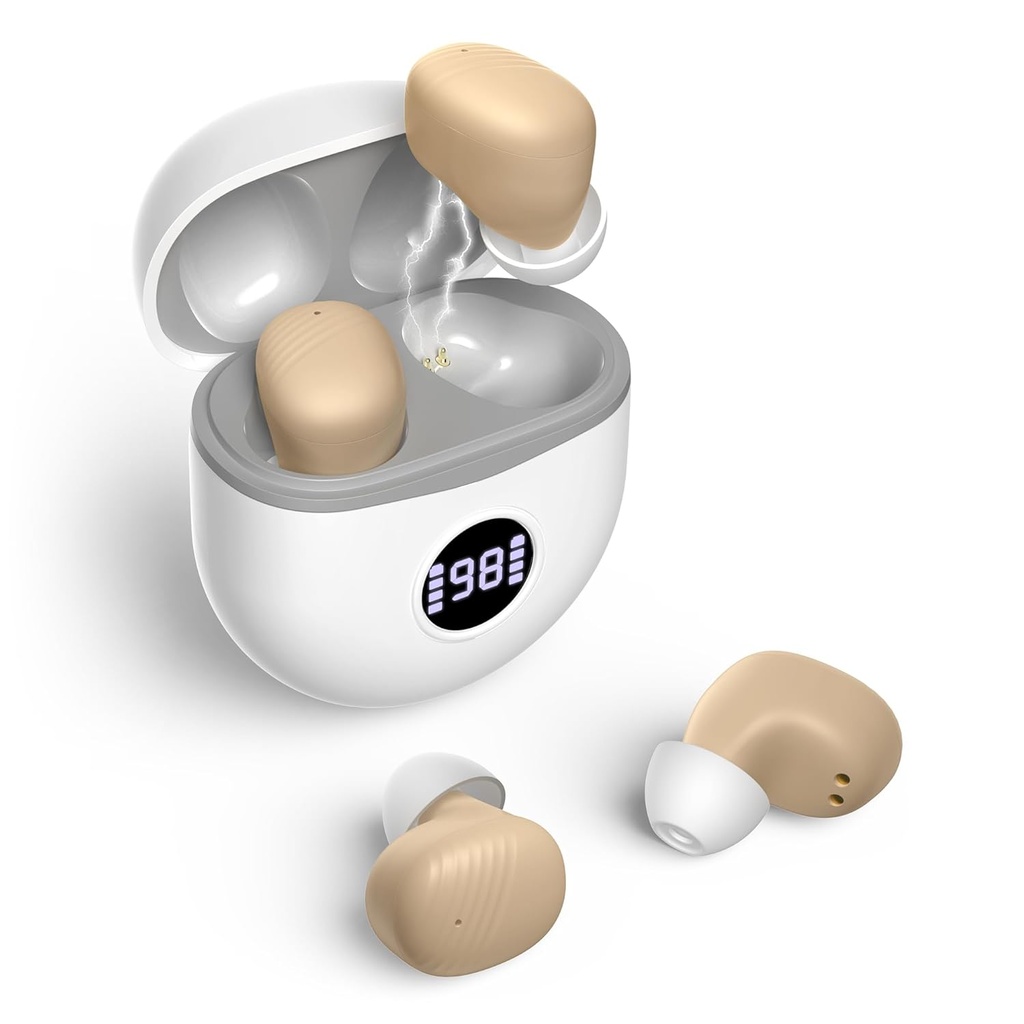 Ayudas auditivas, ayudas recargables para personas mayores con cancelación de ruido, pequeña en oído sin amplificadores auditivos Actualizar ganancia máxima 40dB con caja de carga Oval LED Power Display, Beige