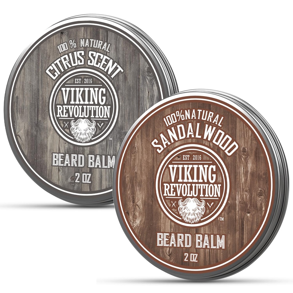 Viking Revolution Citrus and Sandalwood Beard Balm - Butter With Argan Oil, Softener With Jojoba Oil, Moisturizer With Beeswax - Wax for Men With Mango Butter (2oz, 2 Pack)