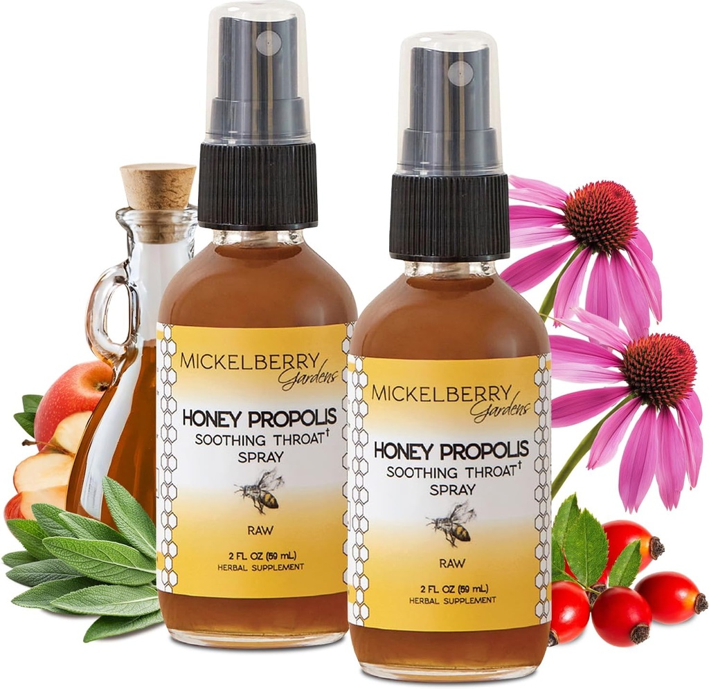 Mickelberry Gardens Honey Propolis Throat Spray - Soothing Sore Throat Relief & Propolis Immune Support for Adults & Kids - Herbal & Honey Formula (2 oz, 2 Pack)