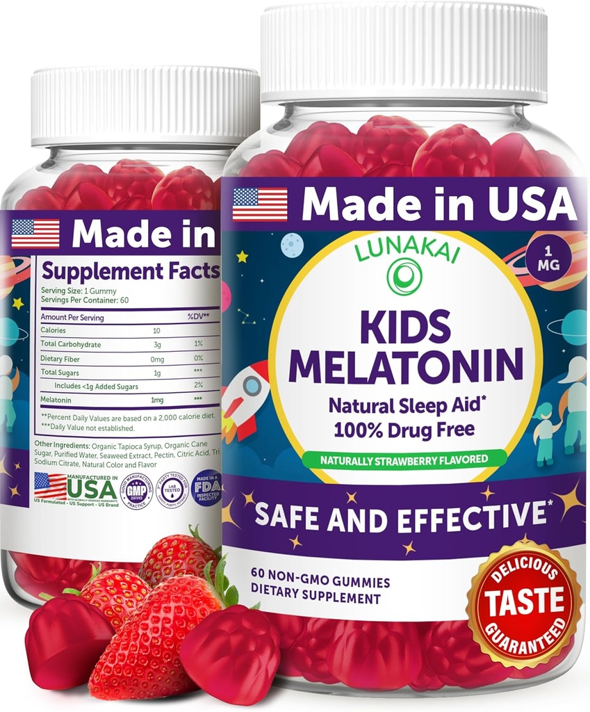 Lunakai USA hizo niños Melatonin Gummies 1mg - Seguro &amp; Natural Sleep Aid for Children 2+ - Non-GMO, Vegan, Gluten-Free - 60 Condes