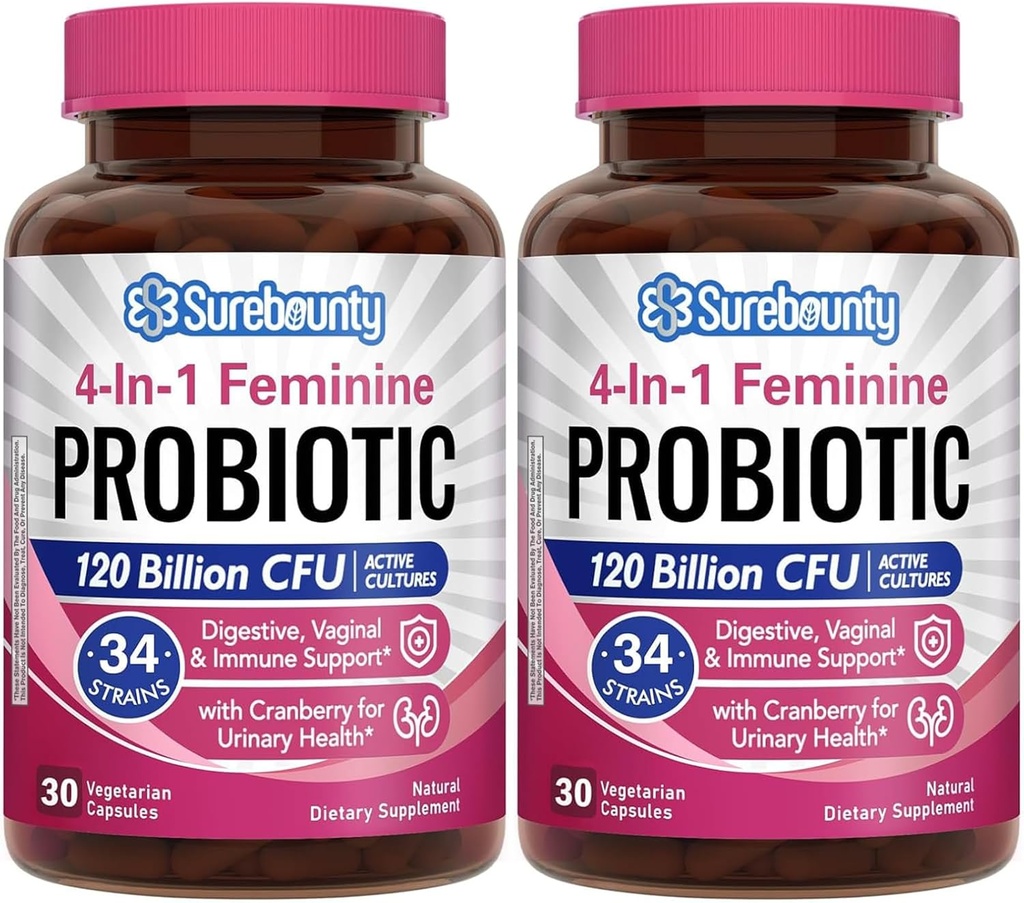 Probióticos para Mujeres, 120 Billones CFU 34 Strains, Prebióticos, Enzimas Digestivos, Arándano, Probiótico Femenino 4-en-1, Digestivo, Vaginal, Apoyo Inmunitario, 60ct (Pack of 2)