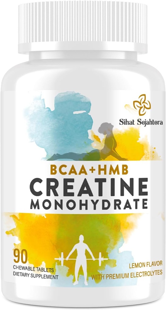 8-en-1 Monohidrato de crema con BCAA &amp; HMB, 5000 mg para Hombres &amp; Mujeres, Vacas de crema para músculo, recuperación, resistencia &amp; fuerza, alta absorción, sabor de limón, libre de azúcar, 90 tabletas