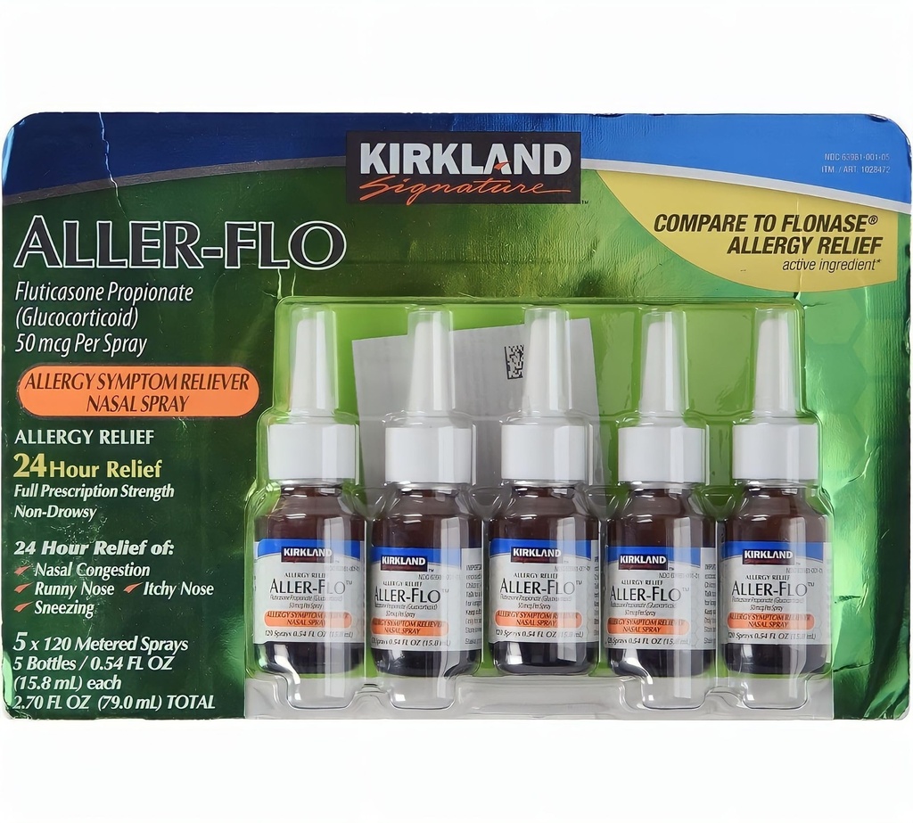 KIRKLAND Signature Aller-Flo Fluticasone Propionate (Glucorticoid) 5 Botellas x 120 Sprays Medidos 0.54 Fl OZ per Bottle (15.8 mL x 5) 2.70 OZ Total (79 mL Total) 600 Sprays totales Total, 1-Pack