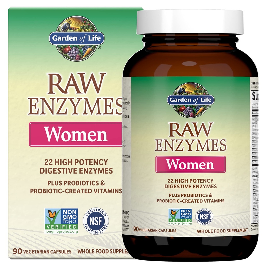 Garden of Life 22 Powerful Raw Enzymes for Women with Papain, Bromelain, Lactase plus Probiotics and Vitamins B12, Biotin and Zinc, Dietary Supplement with Digestive Enzymes, Vegetarian, 90 Capsules