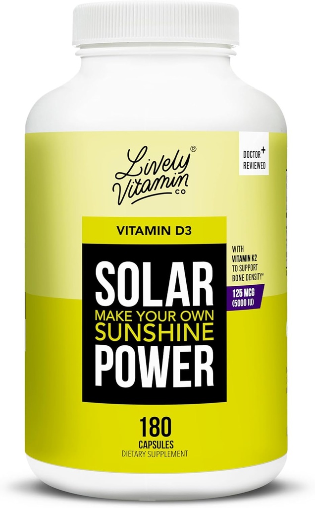 VITAMIN CO. Solar Power Vitamina D3 5000 iu - Patented Vitamin K - MK7 - Immune Balance - Función del cerebro - Mood - Corazón - Estrés - 180 Cuenta