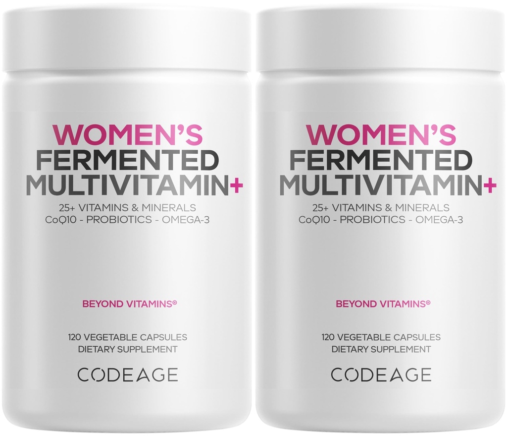 Codeage Women’s Daily Multivitamin, 25+ Vitaminas &amp; Minerals, Fermented, Organic Whole Foods, Probiotics Supplement - Vitamina A, B, C, D, E & K, Omega 3, Zinc – Vegan - 2 Pack