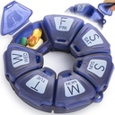 Organizador semanal redondo, TPU Rubberized, Contenedor de píldoras de viaje 7 Día, con 7 grandes compartimientos, Grande para suplementos diarios de vitaminas, Cute Pill Case con letras grandes y Braille (Blue)